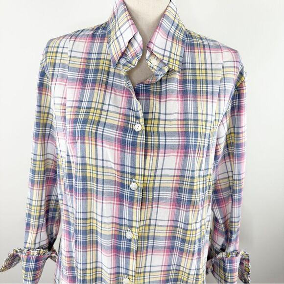 Bell by Alicia Bell Cotton Summer Plaid Shirtdress w/Ruffle Fold-over Cuffs 14 - Picture 5 of 13